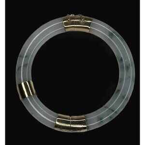 14K Gold Hinged Jadeite Bangle Bracelet 68 Grams With Safety Chain & Floral Engr